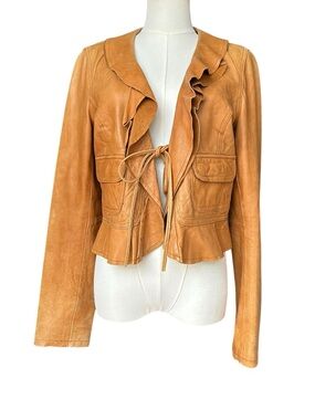 Vintage Y2k Old Navy Tan  Leather Cropped Peplum Tie Front Jacket